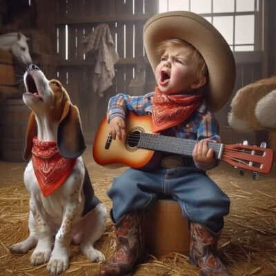 caption group boy dog singing