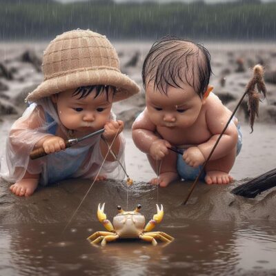 caption group toddlers and crab