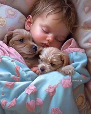 caption group baby asleep wth 2 pups
