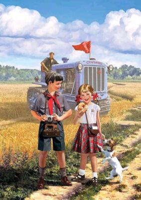 caption group boy girl dog tractor