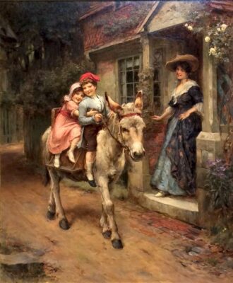 caption group kids on donkey