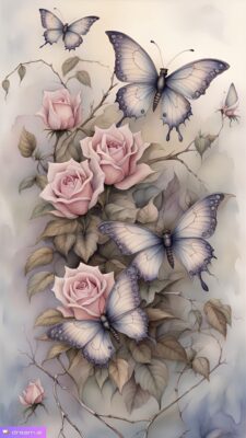 blue butterflies and pink roses