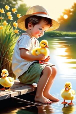 caption group boy and ducks