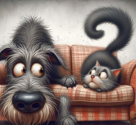 caption group dog and cat eyeballing