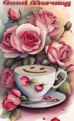 members cafe smiley coffee and pink roses