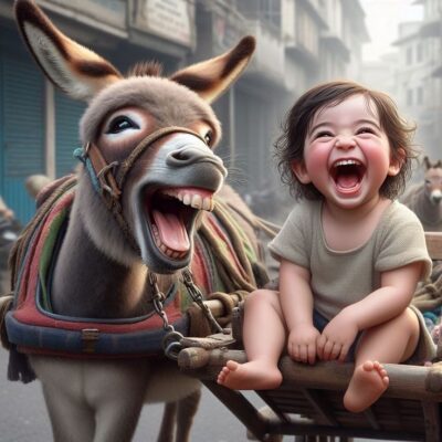 caption group donkey and child laughing