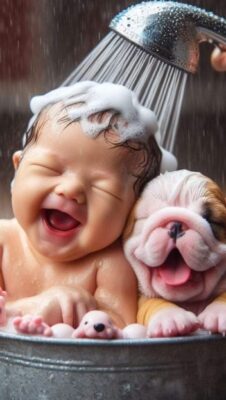 caption group toddler and dog shower