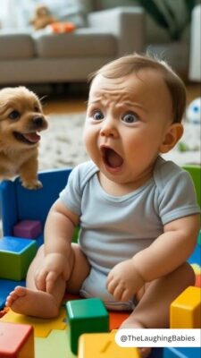 caption group baby and dog