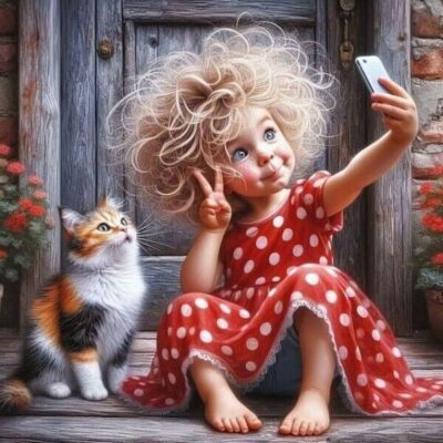 caption group girl cat phone
