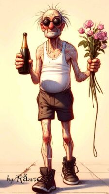 caption group man bottle flowers