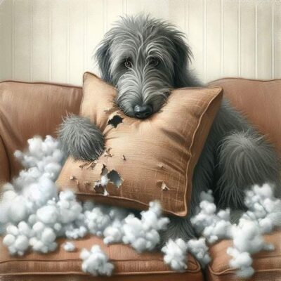 caption group dog torn cushion