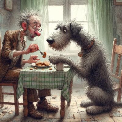 caption group man and dog eating
