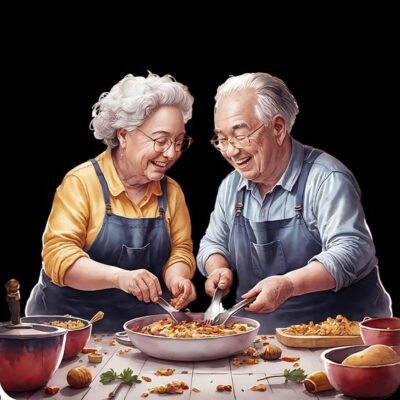 caption group couple cooking