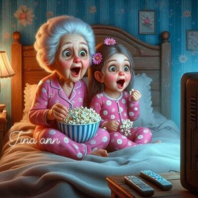 caption group granny and girl watching tv