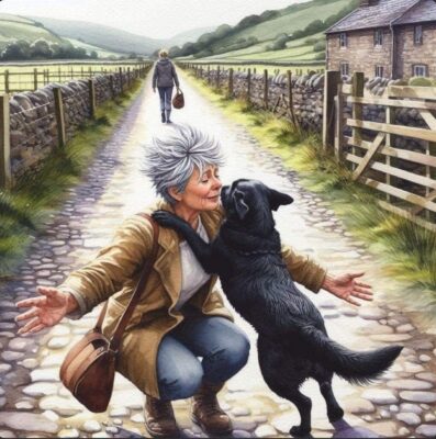caption group woman and dog greeting