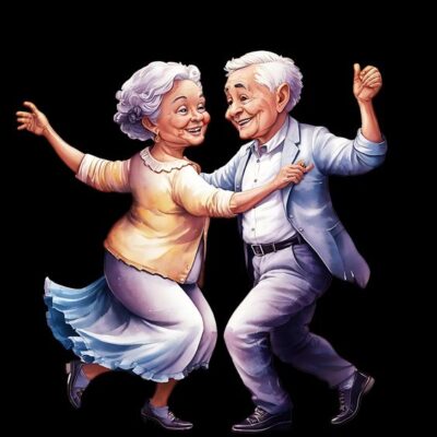 caption group elderly couple dancing
